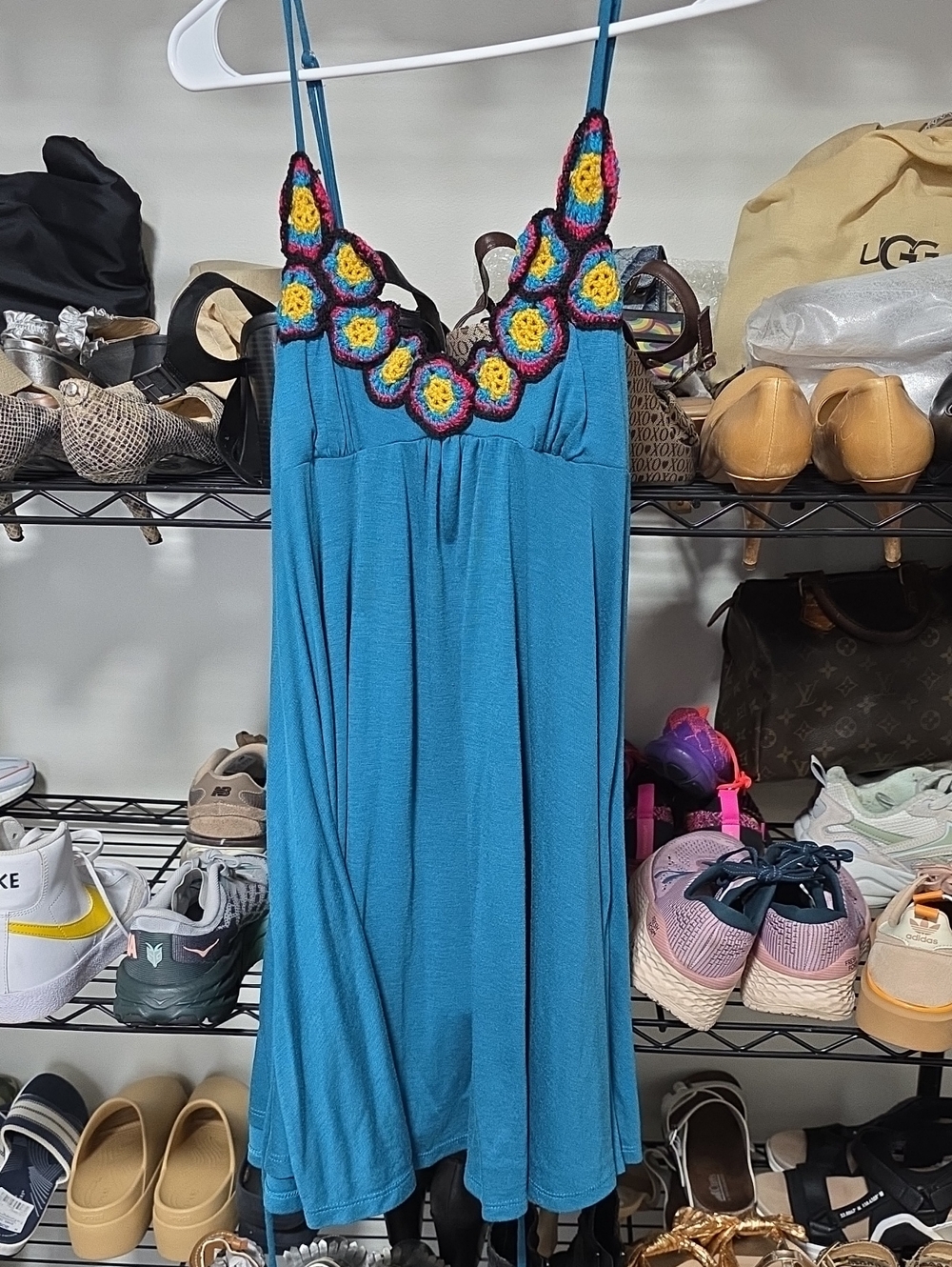 Boho Crochet-Trim Teal Slip Dress